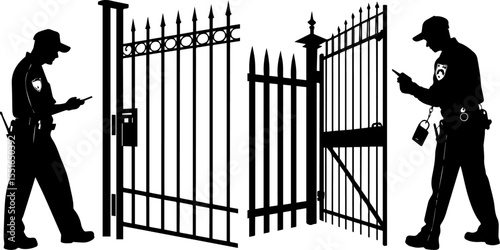 Silhouettes of a Security Guard Opening an Iron Gate, Depicting Access Control and Property Protection