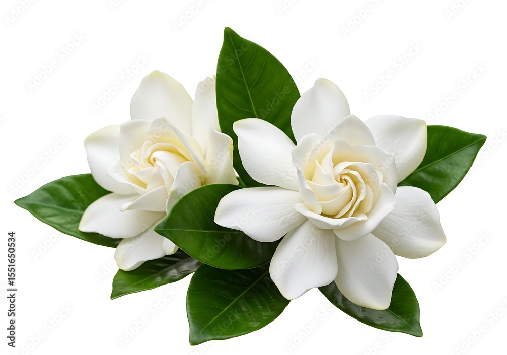 Obraz premium Two white gardenia flowers with green leaves isolated on white background