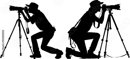 Silhouettes of a Photographer on a Tripod, Capturing a Photo with a DSLR Camera in a Crouching Position