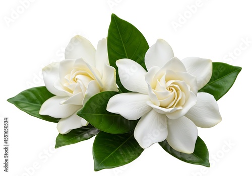 Two white gardenia flowers with green leaves isolated on white background