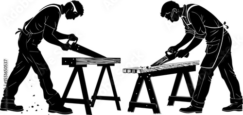 Silhouettes of Carpenters Sawing Wood on a Sawhorse, Depicting Construction and Woodworking Skills