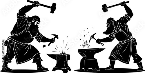 A Dwarf or Blacksmith Forging Metal with a Hammer and Anvil Silhouettes