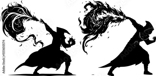 Dark Mage or Sorcerer Casting a Spell Silhouette