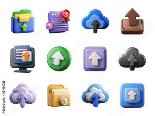 3d realistic upload icons set isolated on transparent background