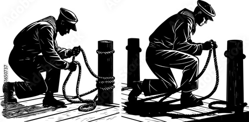 Sailor or Dock Worker Tying a Rope to a Mooring Bollard