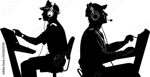 Air Traffic Controller or Dispatcher at a Control Panel Silhouettes
