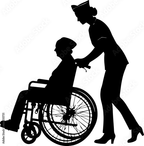 Nurse Pushing a Patient in a Wheelchair Silhouette