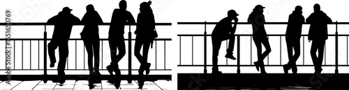 People Leaning on a Railing Silhouettes
