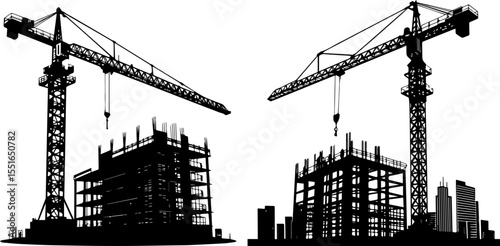 Construction Site with Tower Cranes and Building Structures Silhouettes