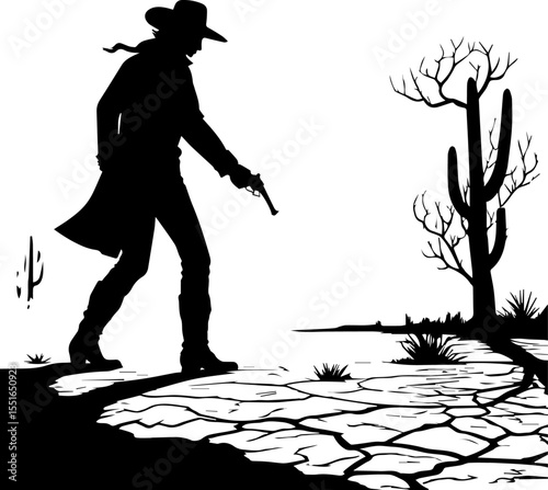 Gunslinger Walking in Arid Western Desert - Cowboy Silhouette