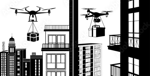 Delivery Drone Flying Over City with Package - Future Logistics Silhouette