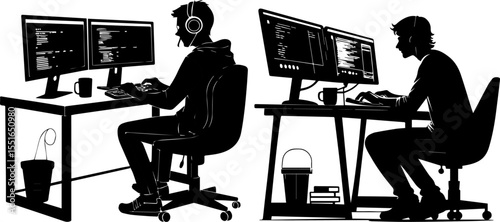 Software Developers Working on Dual Monitors - Coding Silhouette