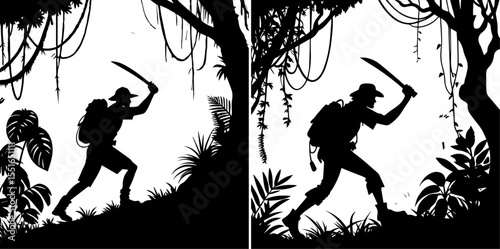 Adventurer with Machete in Jungle Silhouette - Exploration and Wilderness Survival