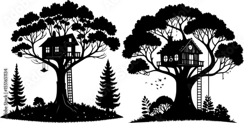 Whimsical Treehouses Silhouette - Childhood Adventure and Nature Retreat