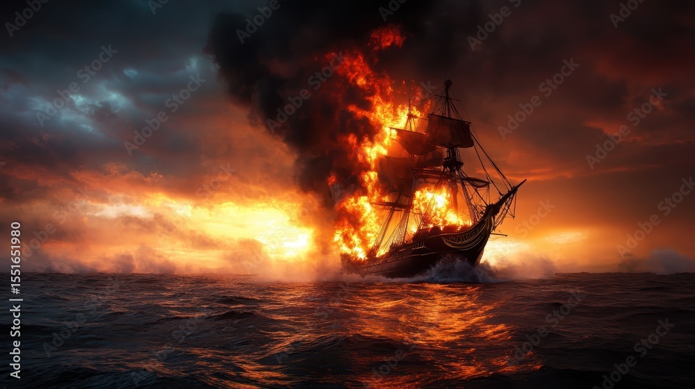 Obraz premium A ship engulfed in flames dramatically contrasts against a vibrant sunset sky, capturing the chaos of disaster and the beauty of nature's fiery palette.