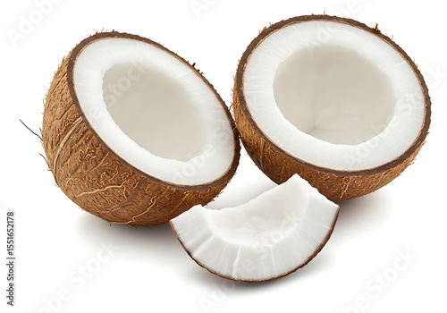 Halved coconuts and a piece isolated on white background