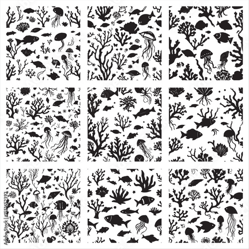 set of black and white seamless pattern with Ocean Life Silhouettes