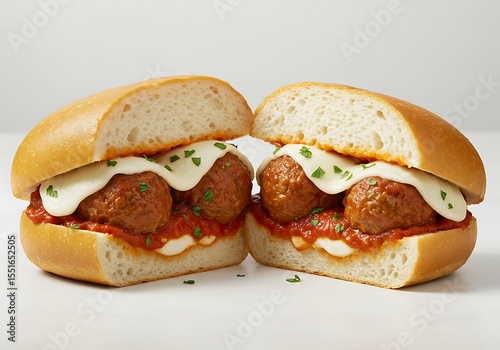 Halved meatball sandwiches with tomato sauce and cheese isolated on white