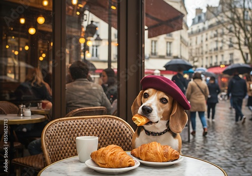 Dog wearing a beret eating a croissant in a paris cafe