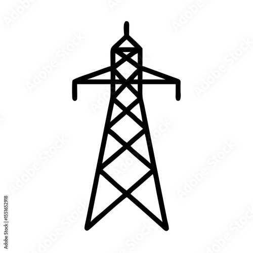 Minimalist black outline vector icon of a transmission tower, symbolizing telecommunications, broadcasting, and wireless signal distribution. Isolated on a transparent background