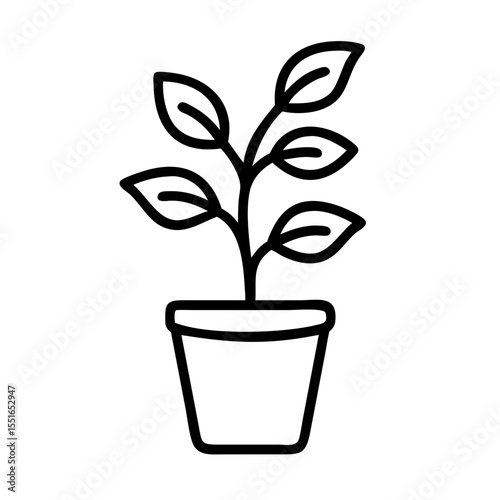 Minimalist black outline vector icon of a potted plant with leaves, symbolizing indoor gardening, home decor. Isolated on a transparent background