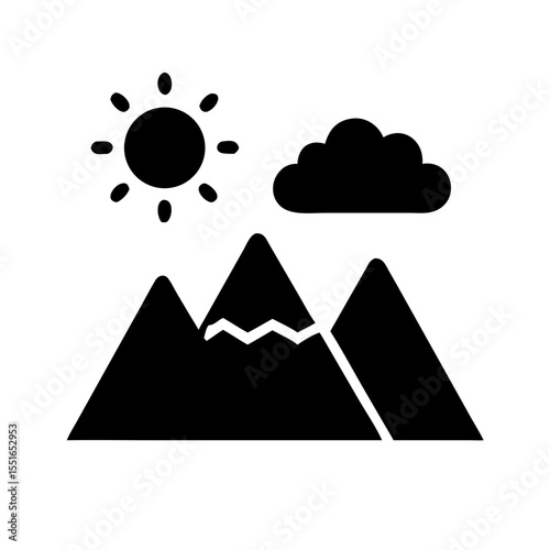 Black vector icon of a mountains with sun and clouds, symbolizing nature, adventure, and outdoor scenery. Isolated on a transparent background