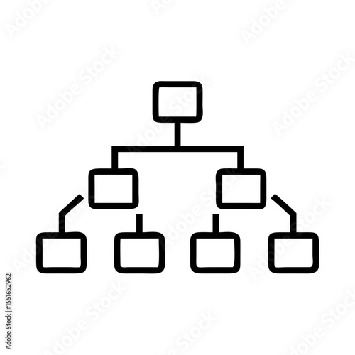 Minimalist black outline vector icon of a hierarchy diagram, symbolizing organizational structure, workflow, and data relationships. Isolated on a transparent background