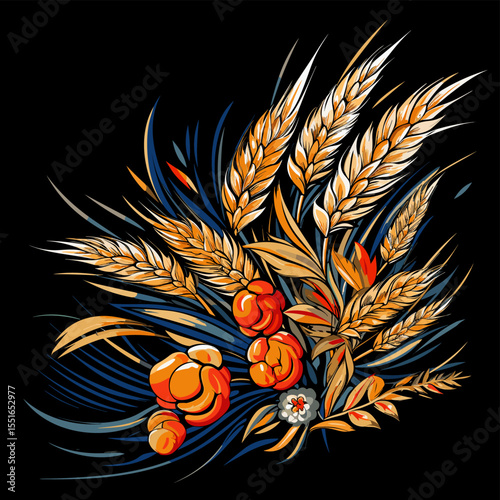 Wheat ears in vector pop art style on black background.