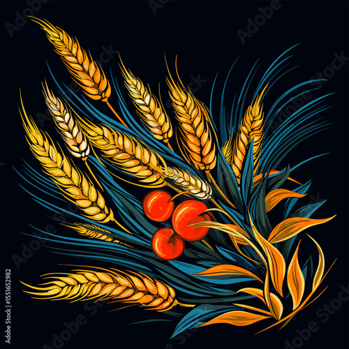 Wheat ears in vector pop art style on black background.