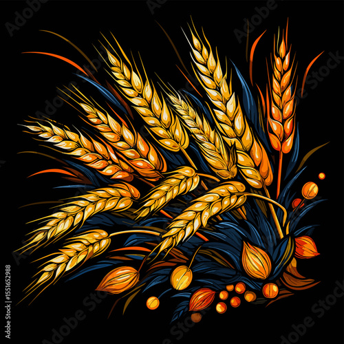 Wheat ears in vector pop art style on black background.
