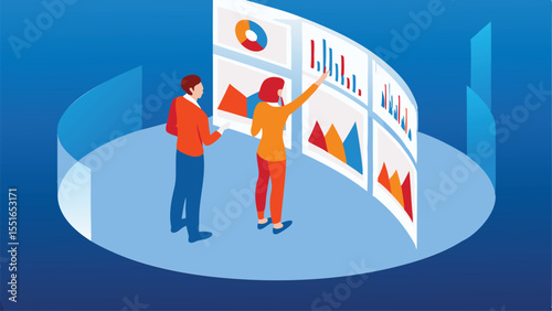 Manager Guiding Intern Via Holographic Screens - AI Dashboard Vector