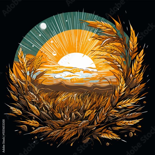 Wheat ears in vector pop art style on black background.