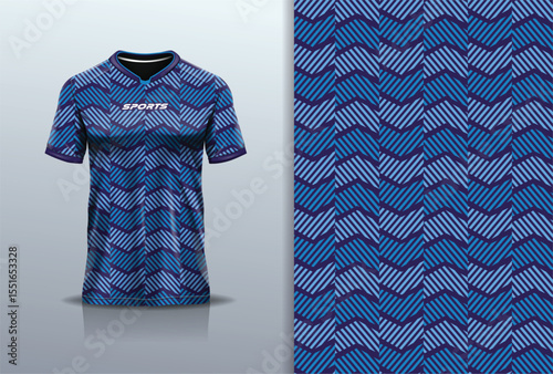 T-shirt mockup abstract stripe line jersey design for football, soccer, racing, esports, running, in blue color