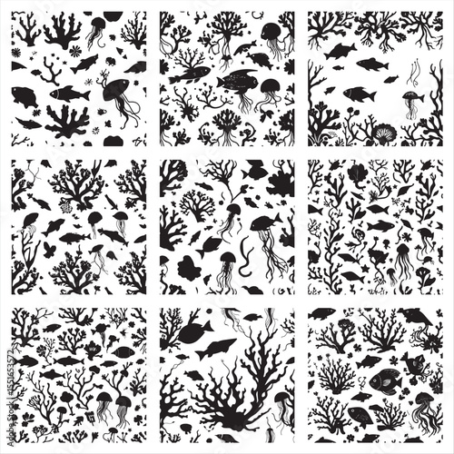 set of black and white seamless pattern with Ocean Life Silhouettes