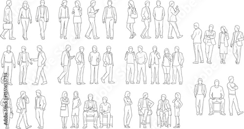 Vector outline people, walking and sitting poses, business characters, casual sketch figures, standing conversation group, modern template, line art figures

 flat vector illustration