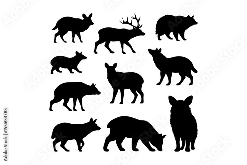 Silhouette collection of wild and farm animals in black vector style