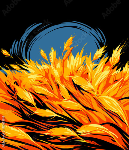 Wheat ears in vector pop art style on black background.