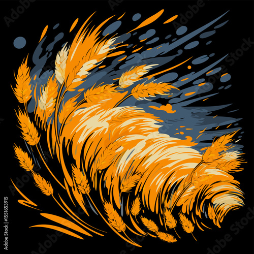 Wheat ears in vector pop art style on black background.