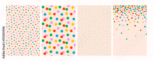 Seamless colorful confetti dot patterns on light background. Playful polka vector backgrounds for kids, fun fabric, wrapping paper, party invites, or branding. Drag to swatches panel to use.