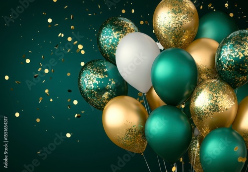 Green And Gold Glitter Balloons With Confetti On Dark Green Background