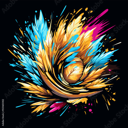 Wheat ears on wheat field in vector art style.