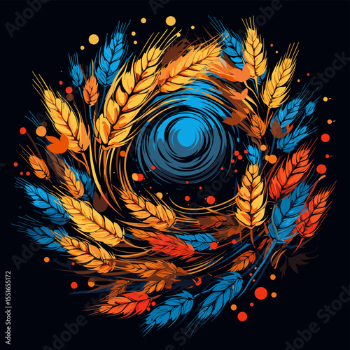 Wheat ears on wheat field in vector art style.