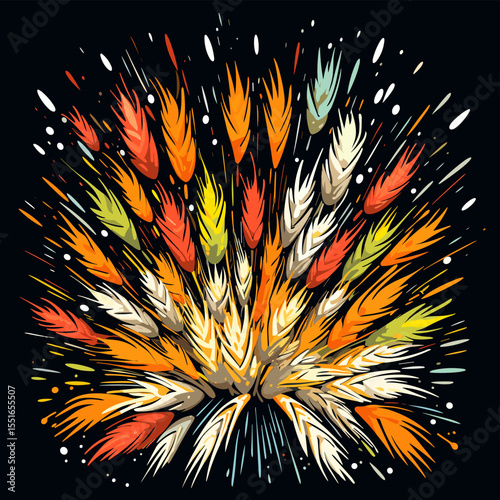 Wheat ears on wheat field in vector art style.