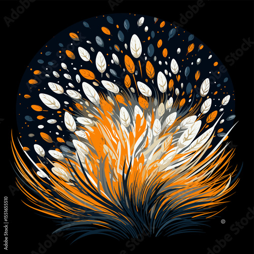 Wheat ears on wheat field in vector art style.
