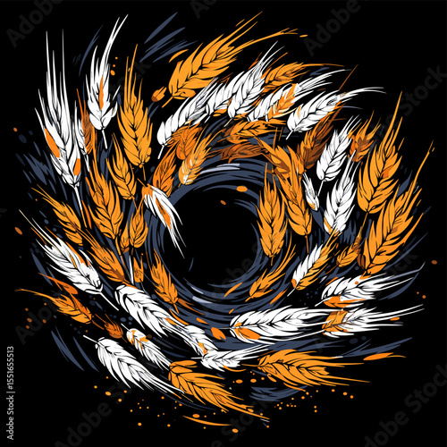 Wheat ears on wheat field in vector art style.