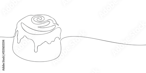 Black and white line drawing of a cinnamon roll with icing swirl, perfect for minimalist food art, coloring books, or bakery design.