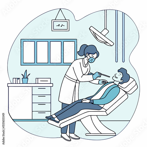 Dentist Cleaning Patient’s Teeth – Flat Vector for Oral Hygiene, Dental Clinics, and Professional Care


