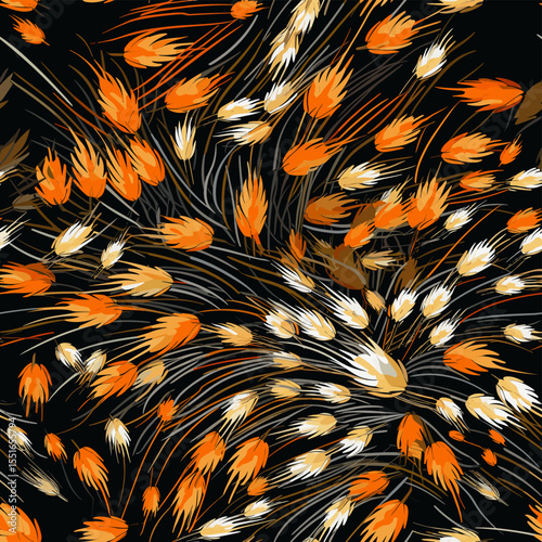 Wheat ears on wheat field in vector art style.