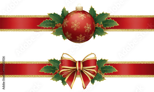 Festive Christmas ornaments with red ribbons, holly, and golden accents, perfect for holiday celebrations.