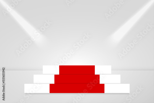 White Podium with Red Carpet and Spotlight on Studio Background. Vector Illustration. Wallpaper
